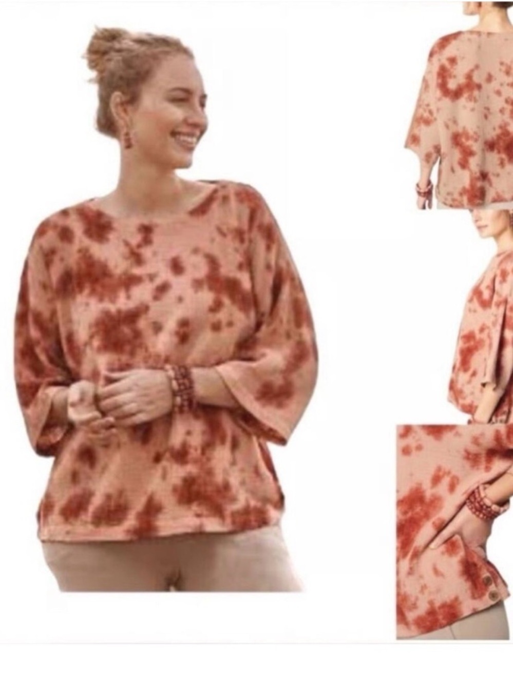 J. Jill Pure Jill Orange Rust Cotton Gauze Tie Dye Boxy Relaxed Blouse Top M